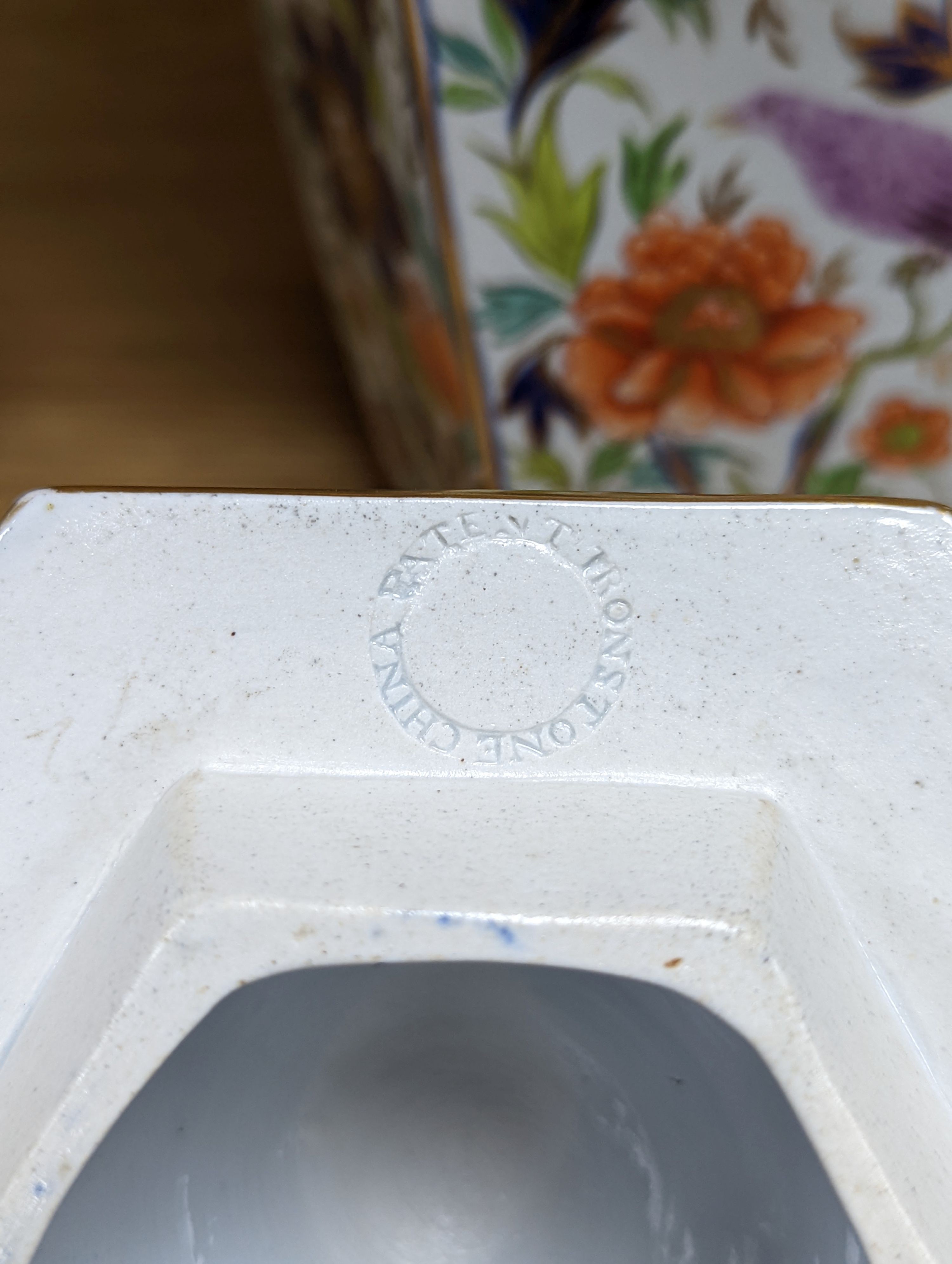 A pair of early 19th century Masons hexagonal ironstone jars and covers 24cm, impressed mark ‘Patent Ironstone China’ to covers only